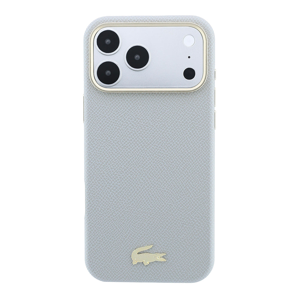 Apple iPhone 18 Pro Kılıf Lacoste Orjinal Lisanslı M-Safe Şarj Özellikli PVC Yarı Pike Desenli Arka Yüzey İkonik Timsah Dokuma Logolu Kapak Açık Gri
