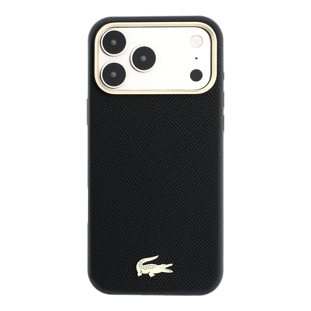 Apple iPhone 18 Pro Kılıf Lacoste Orjinal Lisanslı M-Safe Şarj Özellikli PVC Yarı Pike Desenli Arka Yüzey İkonik Timsah Dokuma Logolu Kapak Siyah