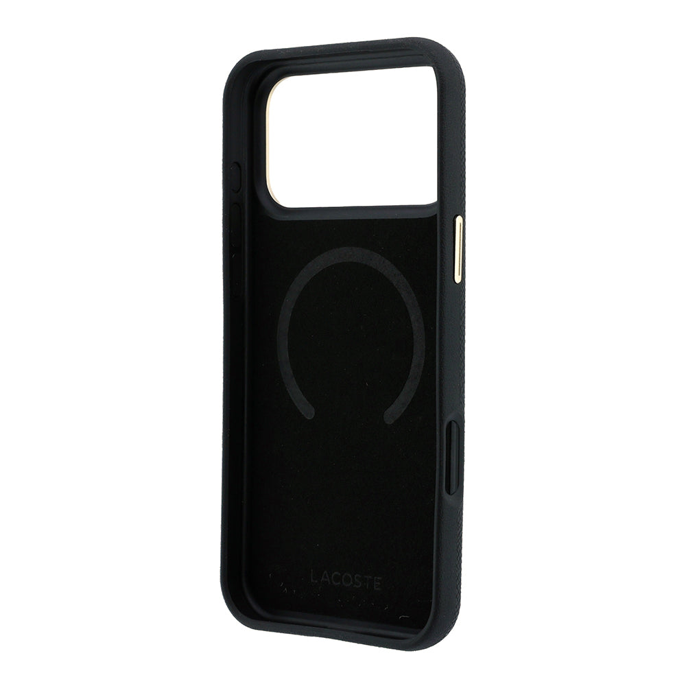 Apple iPhone 18 Pro Kılıf Lacoste Orjinal Lisanslı M-Safe Şarj Özellikli PVC Yarı Pike Desenli Arka Yüzey İkonik Timsah Dokuma Logolu Kapak Siyah