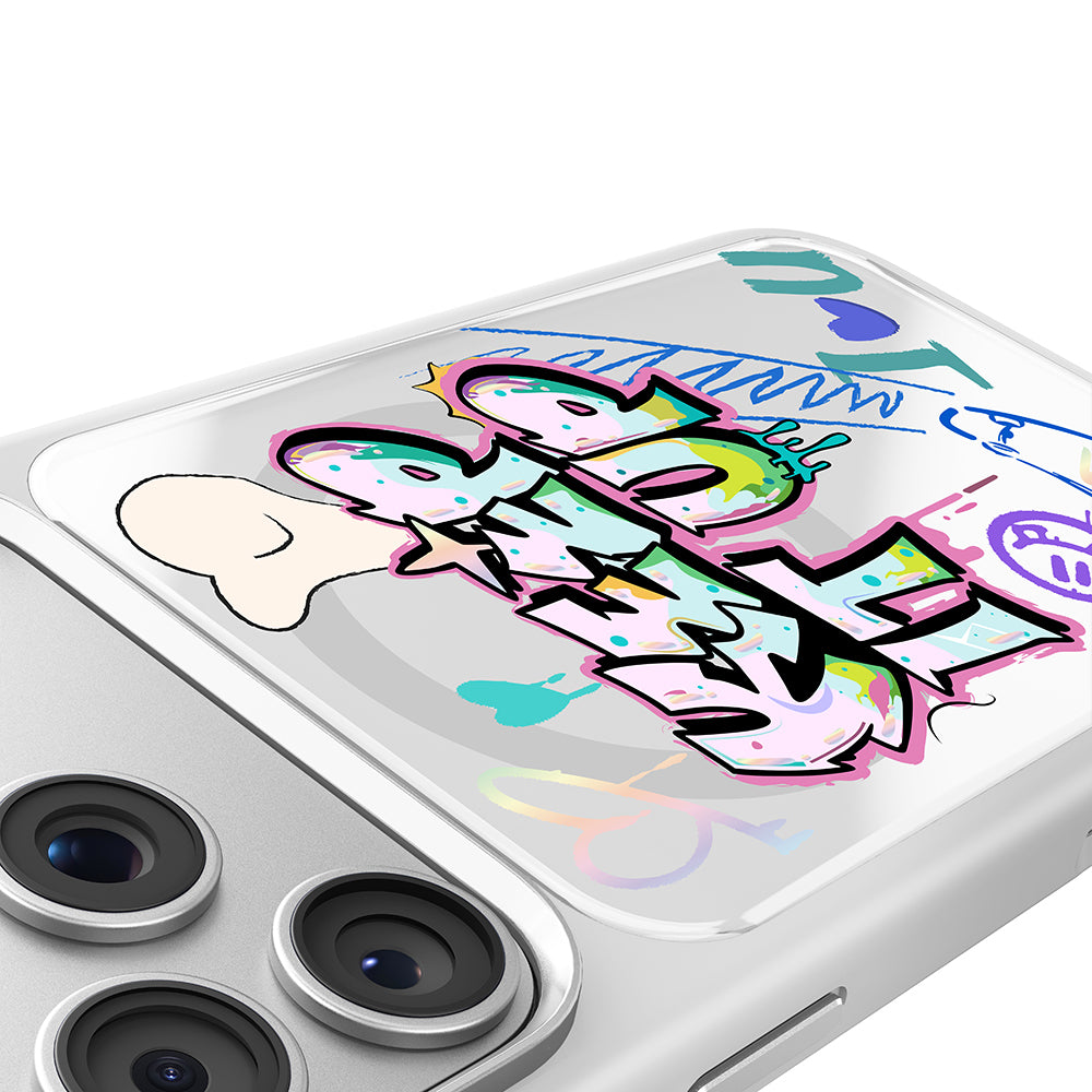 Apple iPhone 18 Pro Kılıf M-safe Şarj Özellikli 3D Baskılı Tasarım Mutural Graffiti Serisi Kapak Beyaz