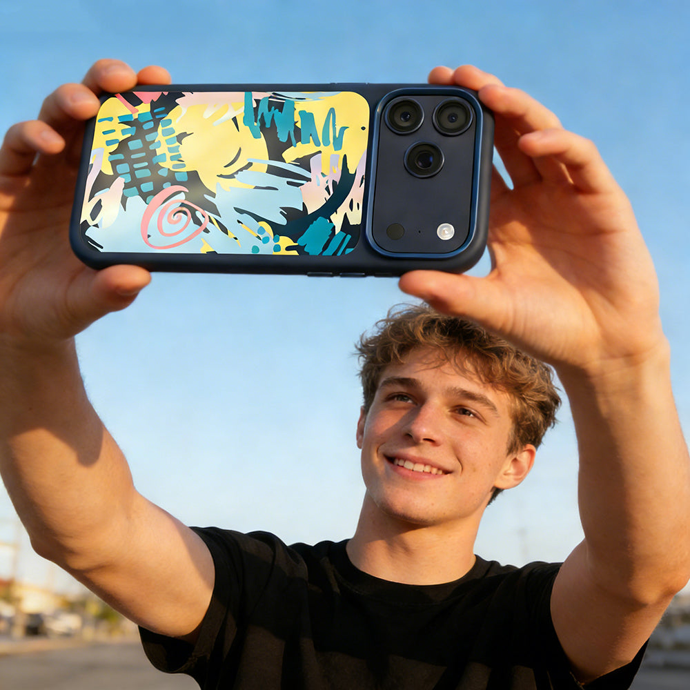 Apple iPhone 18 Pro Kılıf M-safe Şarj Özellikli 3D Baskılı Tasarım Mutural Graffiti Serisi Kapak Lacivert-Sarı