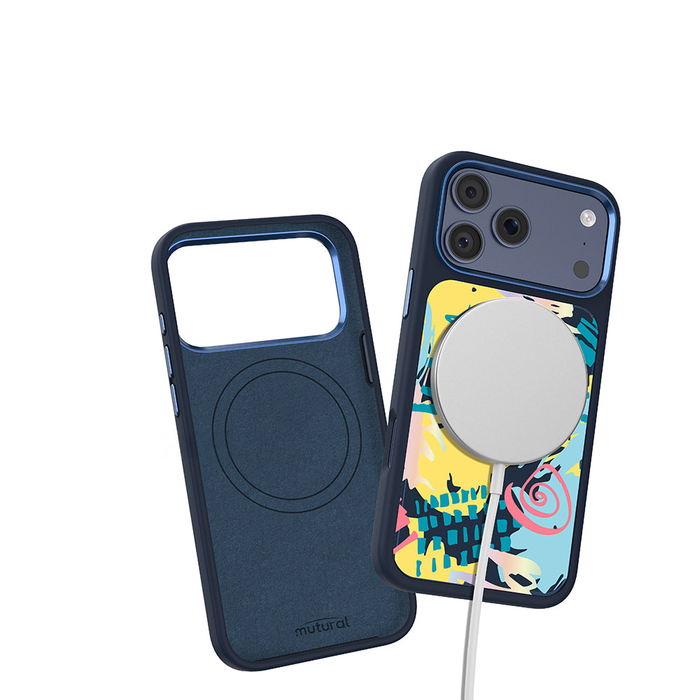 Apple iPhone 18 Pro Kılıf M-safe Şarj Özellikli 3D Baskılı Tasarım Mutural Graffiti Serisi Kapak Lacivert-Sarı