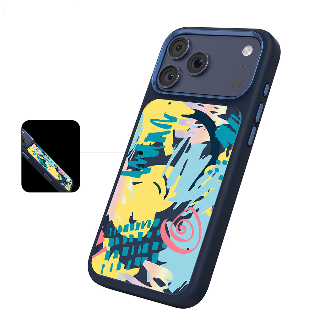Apple iPhone 18 Pro Kılıf M-safe Şarj Özellikli 3D Baskılı Tasarım Mutural Graffiti Serisi Kapak Lacivert-Sarı