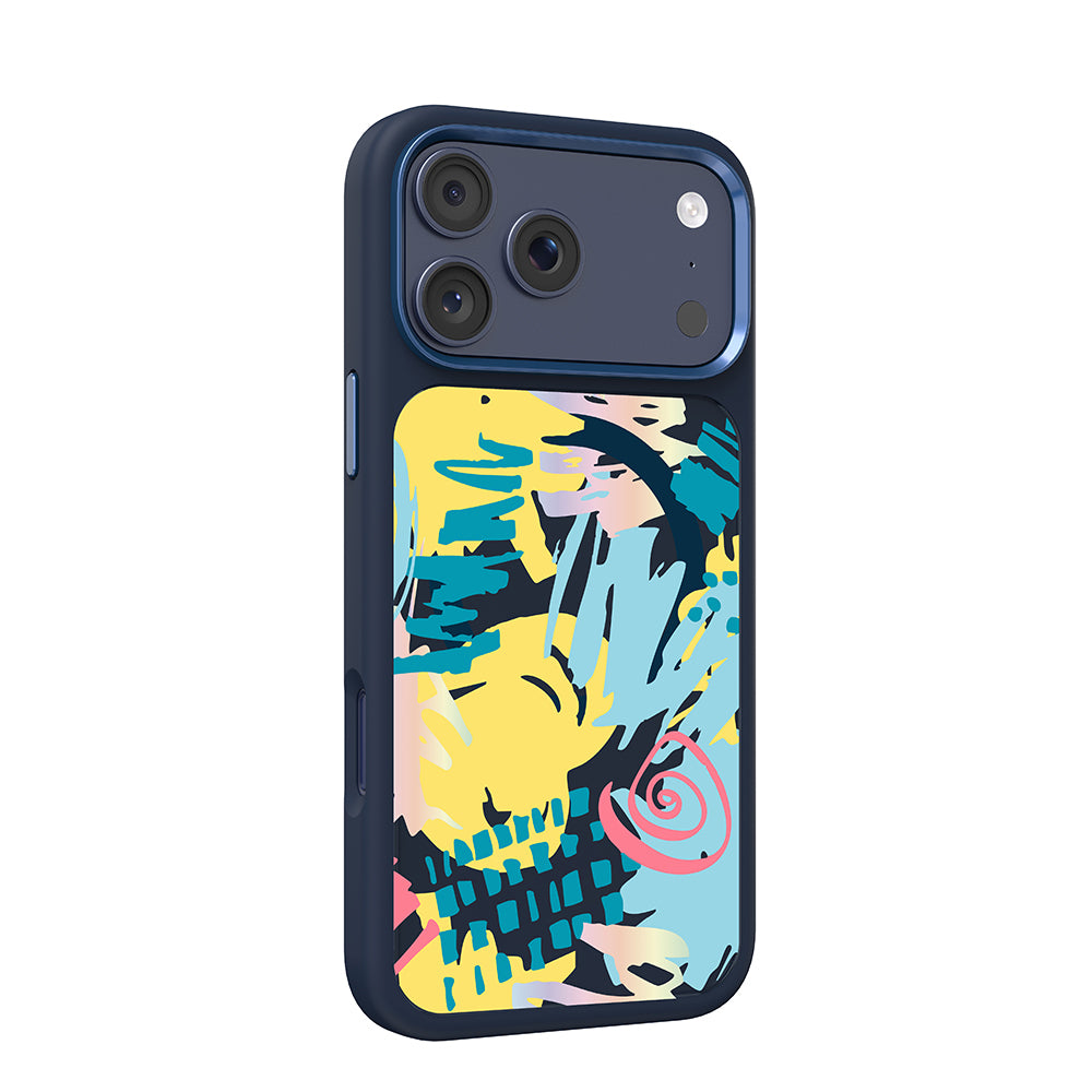 Apple iPhone 18 Pro Kılıf M-safe Şarj Özellikli 3D Baskılı Tasarım Mutural Graffiti Serisi Kapak Lacivert-Sarı
