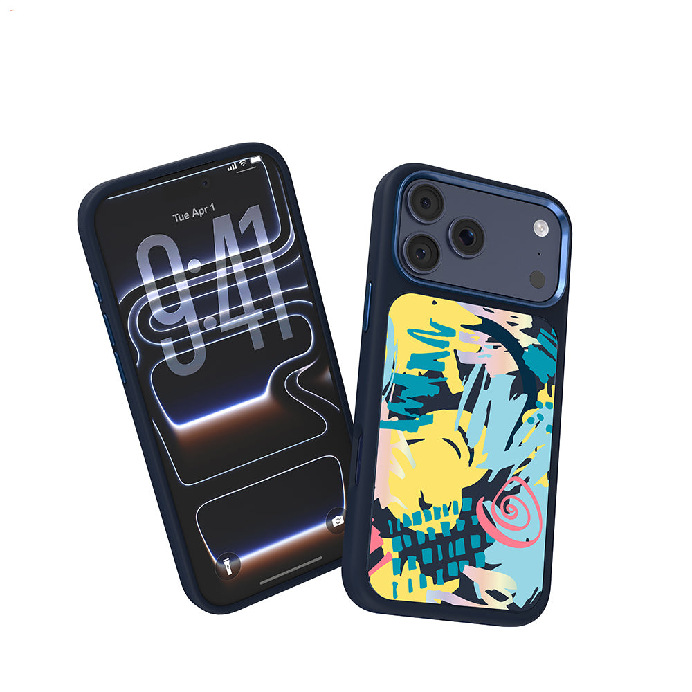 Apple iPhone 18 Pro Kılıf M-safe Şarj Özellikli 3D Baskılı Tasarım Mutural Graffiti Serisi Kapak Lacivert-Sarı