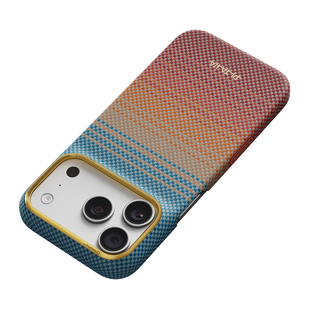 Apple iPhone 18 Pro Kılıf M-safe Şarj Özellikli Aramid Fiber Pitaka Sunset 2.0 California Dream Serisi Kapak Mavi-Kahverengi
