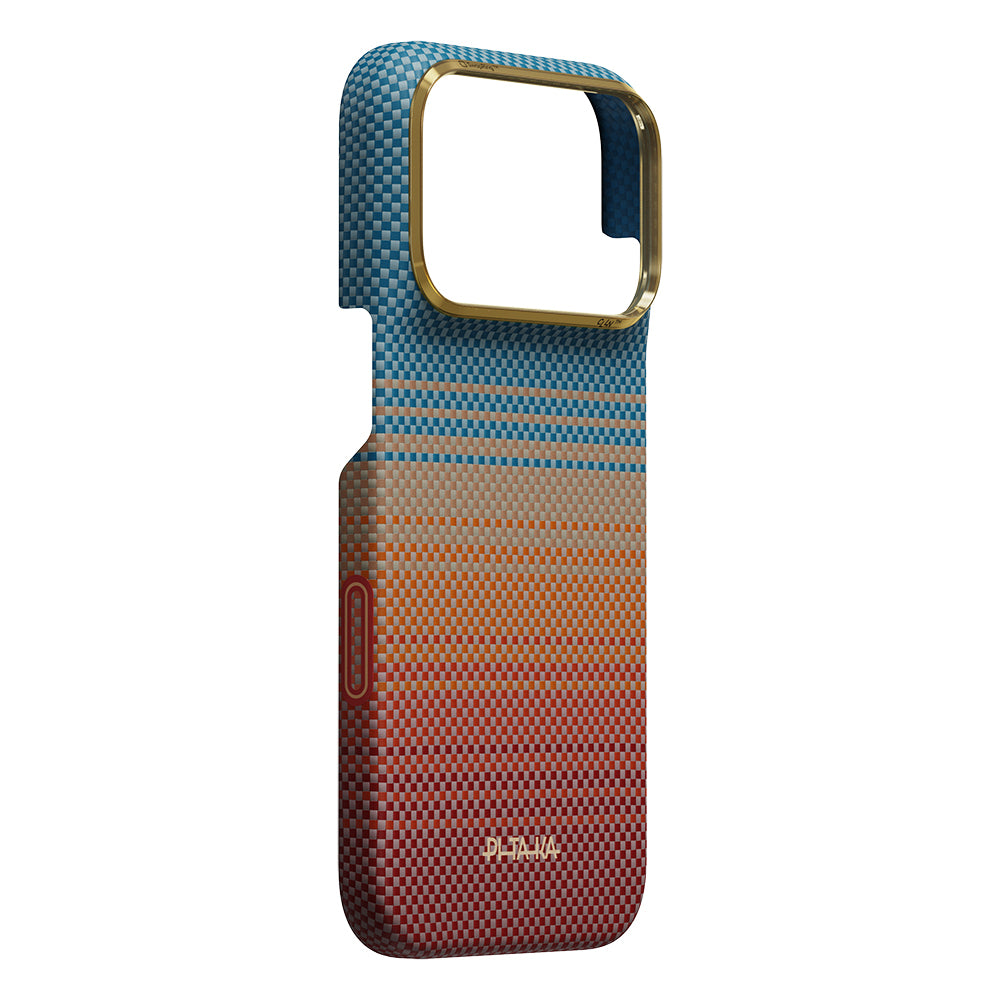 Apple iPhone 18 Pro Kılıf M-safe Şarj Özellikli Aramid Fiber Pitaka Sunset 2.0 California Dream Serisi Kapak Mavi-Kahverengi