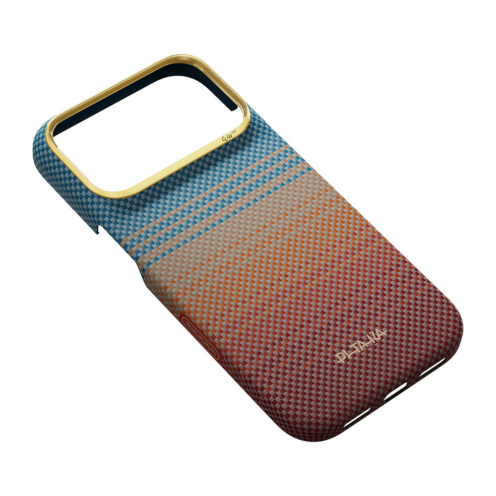 Apple iPhone 18 Pro Kılıf M-safe Şarj Özellikli Aramid Fiber Pitaka Sunset 2.0 California Dream Serisi Kapak Mavi-Kahverengi