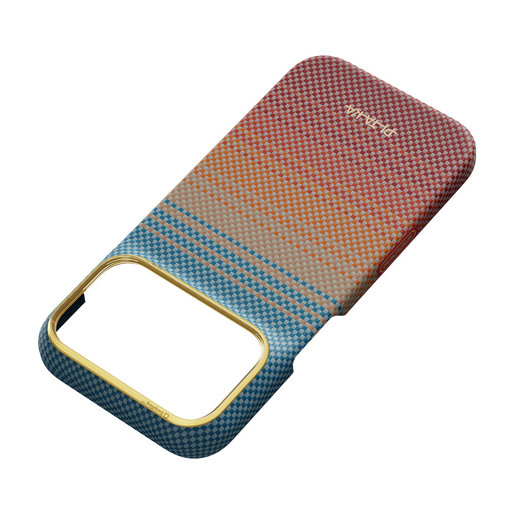 Apple iPhone 18 Pro Kılıf M-safe Şarj Özellikli Aramid Fiber Pitaka Sunset 2.0 California Dream Serisi Kapak Mavi-Kahverengi