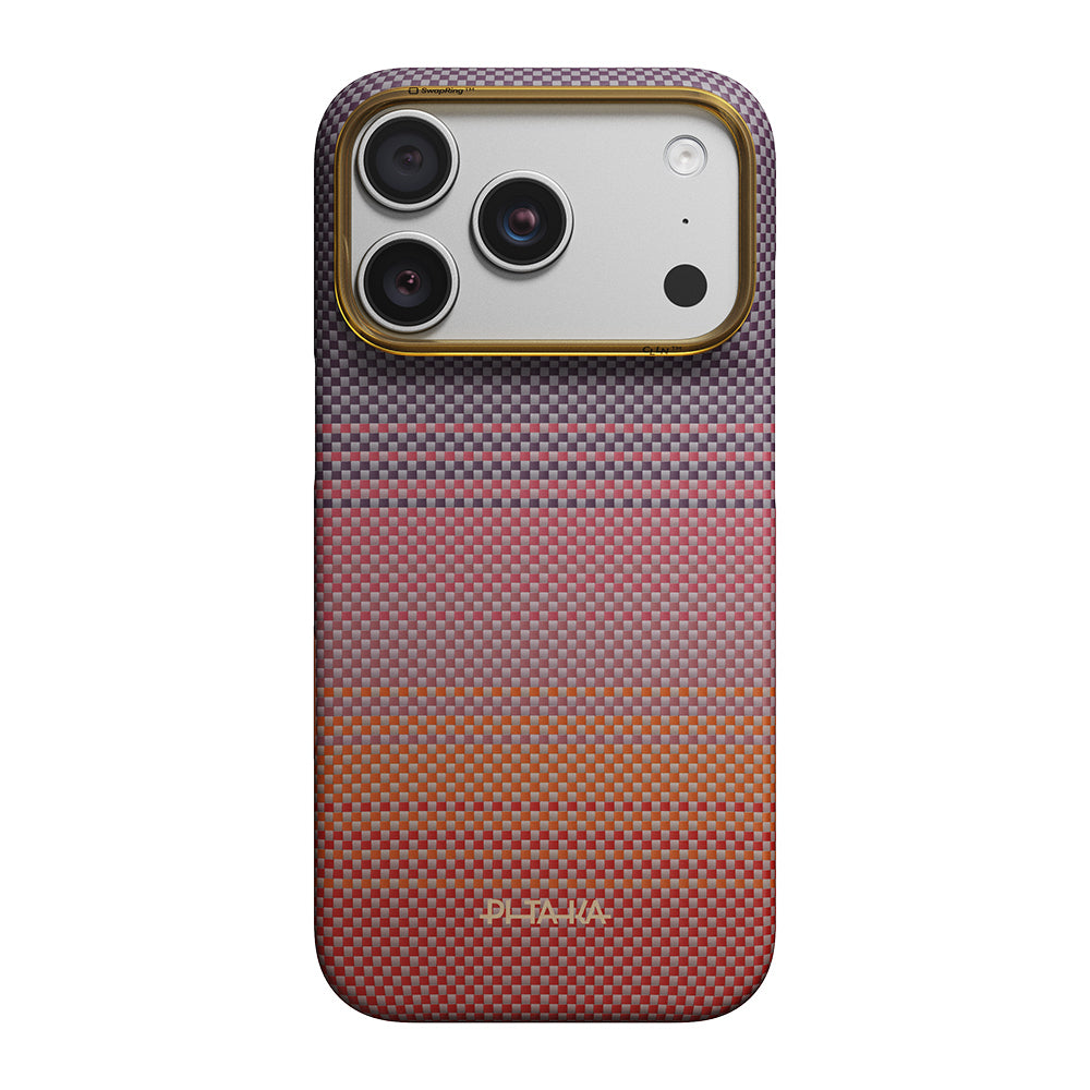Apple iPhone 18 Pro Kılıf M-safe Şarj Özellikli Aramid Fiber Pitaka Sunset 2.0 California Dream Serisi Kapak Kırmızı-Mor
