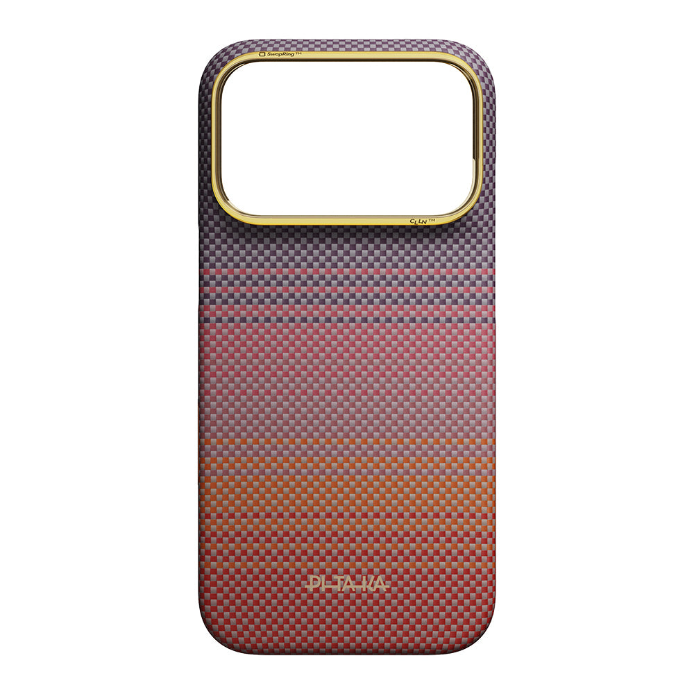 Apple iPhone 18 Pro Kılıf M-safe Şarj Özellikli Aramid Fiber Pitaka Sunset 2.0 California Dream Serisi Kapak Kırmızı-Mor