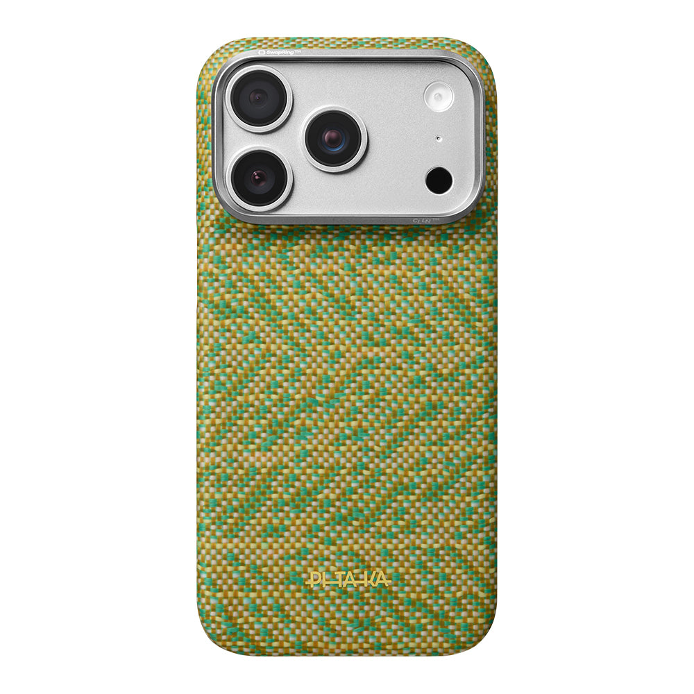 Apple iPhone 18 Pro Kılıf M-safe Şarj Özellikli Aramid Karbon Fiber Pitaka Wind Over Wheat Serisi Kapak Sarı-Yeşil