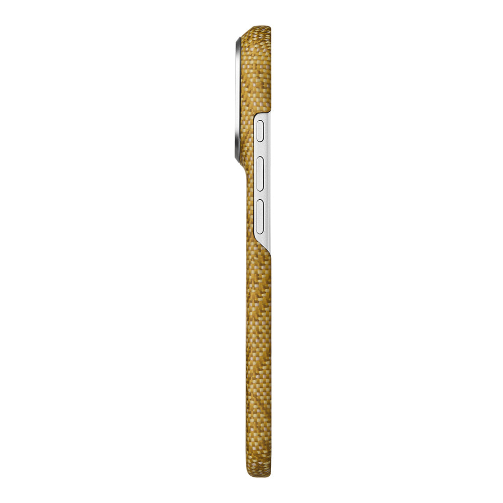 Apple iPhone 18 Pro Kılıf M-safe Şarj Özellikli Aramid Karbon Fiber Pitaka Wind Over Wheat Serisi Kapak Gold