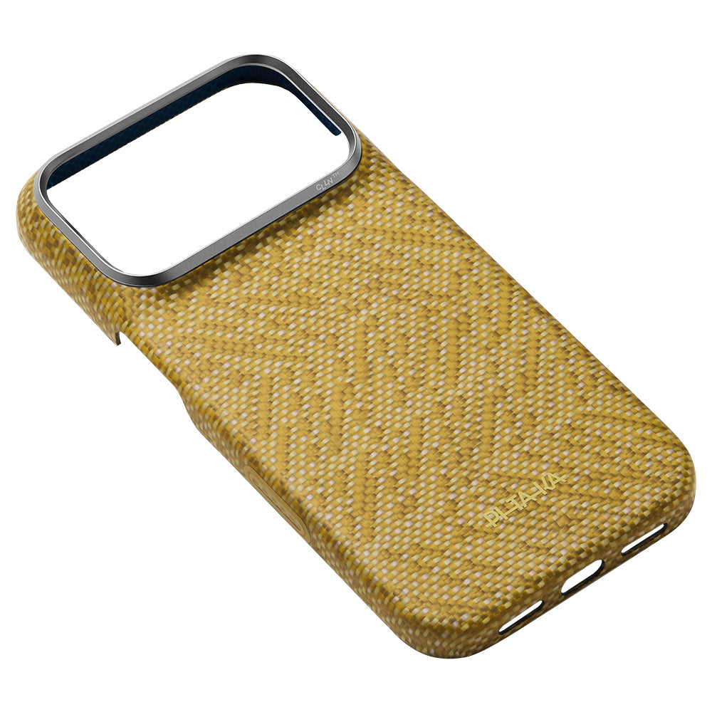 Apple iPhone 18 Pro Kılıf M-safe Şarj Özellikli Aramid Karbon Fiber Pitaka Wind Over Wheat Serisi Kapak Gold