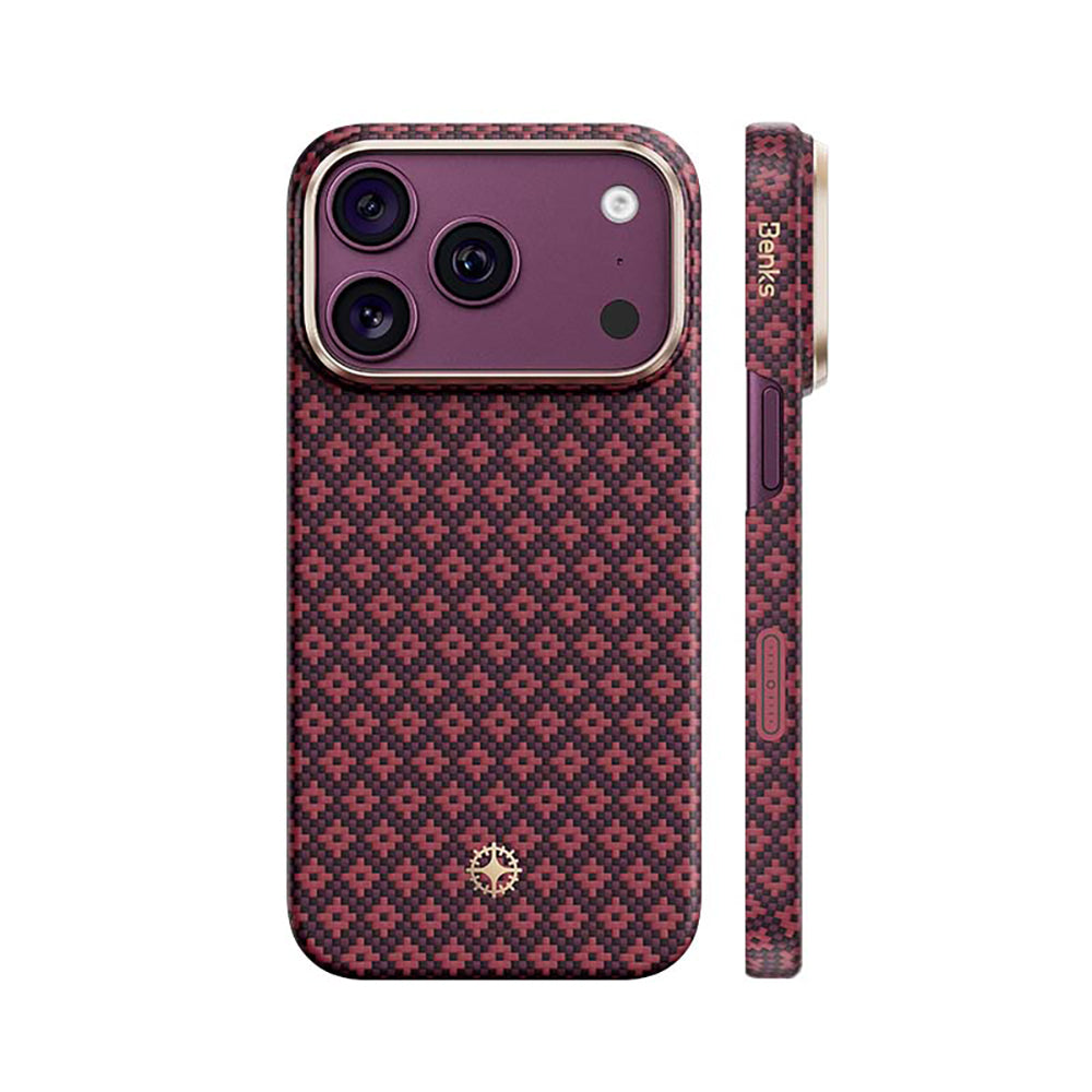 Apple iPhone 18 Pro Kılıf M-Safe Şarj Özellikli Benks ArmorAir ArmorGrid Serisi C1 Kevlar Karbon Kapak Bordo