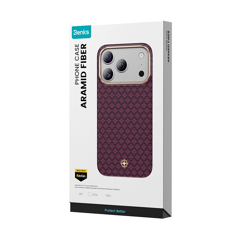 Apple iPhone 18 Pro Kılıf M-Safe Şarj Özellikli Benks ArmorAir ArmorGrid Serisi C1 Kevlar Karbon Kapak Bordo