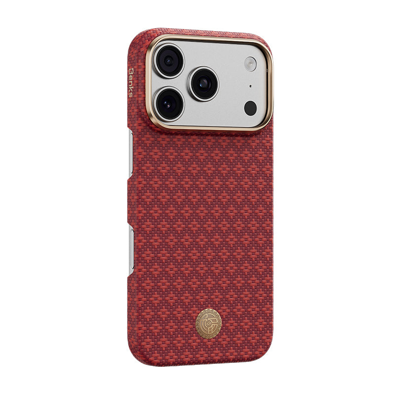 Apple iPhone 18 Pro Kılıf M-Safe Şarj Özellikli Benks ArmorAir ArmorGrid Serisi Yükseltilmiş Kamera Çerçevesi C1 Kevlar Karbon Kapak Kırmızı