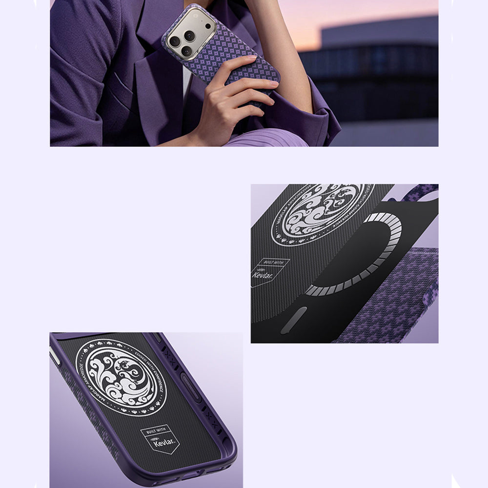 Apple iPhone 18 Pro Kılıf M-Safe Şarj Özellikli Benks ArmorPro ArmorEdge X9 Serisi Kevlar Karbon Kapak Mor