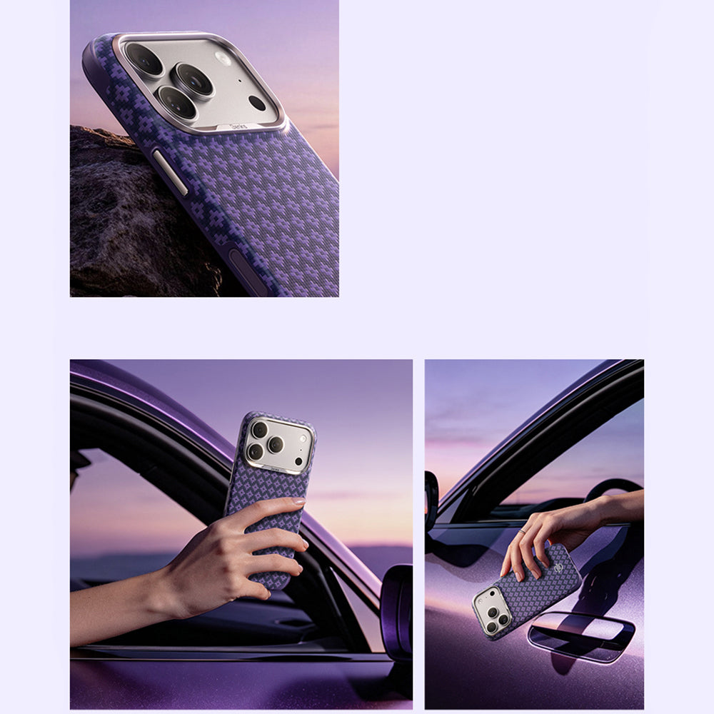 Apple iPhone 18 Pro Kılıf M-Safe Şarj Özellikli Benks ArmorPro ArmorEdge X9 Serisi Kevlar Karbon Kapak Mor