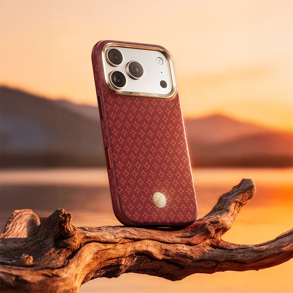 Apple iPhone 18 Pro Kılıf M-Safe Şarj Özellikli Benks ArmorPro ArmorEdge X9 Serisi Kevlar Karbon Kapak Kırmızı