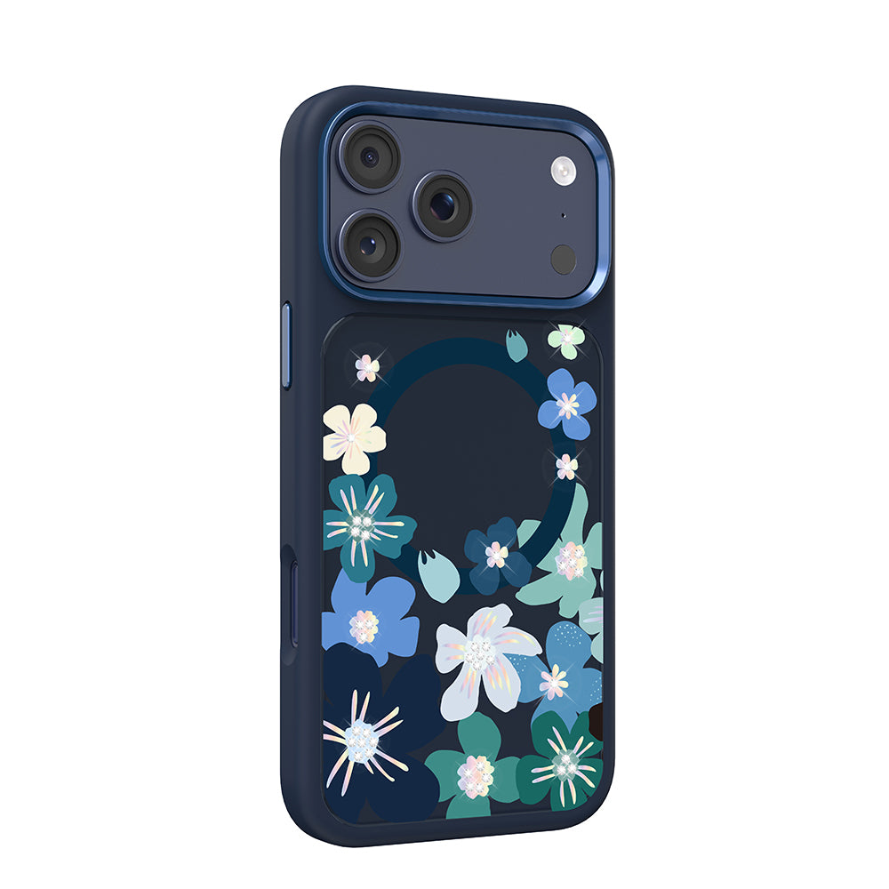 Apple iPhone 18 Pro Kılıf M-safe Şarj Özellikli Çiçek Tasarımlı Mutural Flower Serisi Kapak Lacivert