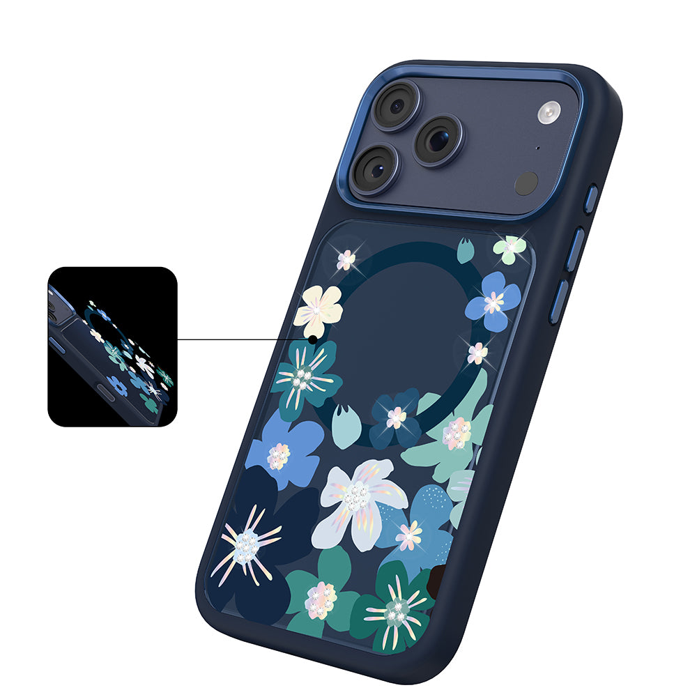 Apple iPhone 18 Pro Kılıf M-safe Şarj Özellikli Çiçek Tasarımlı Mutural Flower Serisi Kapak Lacivert