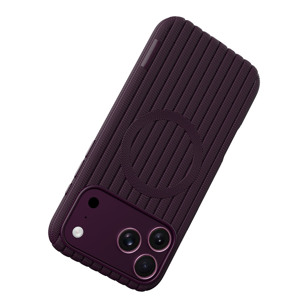 Apple iPhone 18 Pro Kılıf M-Safe Şarj Özellikli Çizgi Desenli Kumaş Dokulu Zore Paris Lorin Kapak Bordo