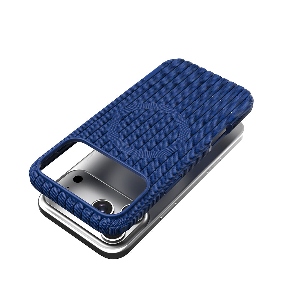 Apple iPhone 18 Pro Kılıf M-Safe Şarj Özellikli Çizgi Desenli Kumaş Dokulu Zore Paris Lorin Kapak Lacivert