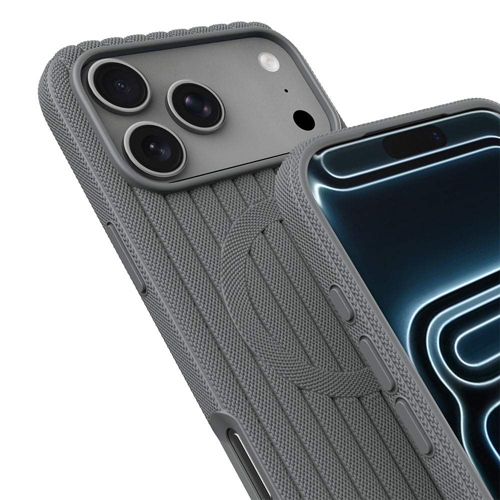 Apple iPhone 18 Pro Kılıf M-Safe Şarj Özellikli Çizgi Desenli Kumaş Dokulu Zore Paris Lorin Kapak Gri