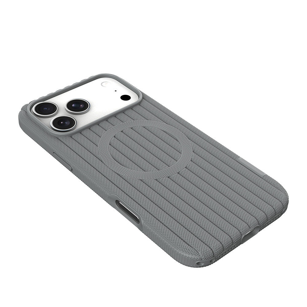 Apple iPhone 18 Pro Kılıf M-Safe Şarj Özellikli Çizgi Desenli Kumaş Dokulu Zore Paris Lorin Kapak Gri