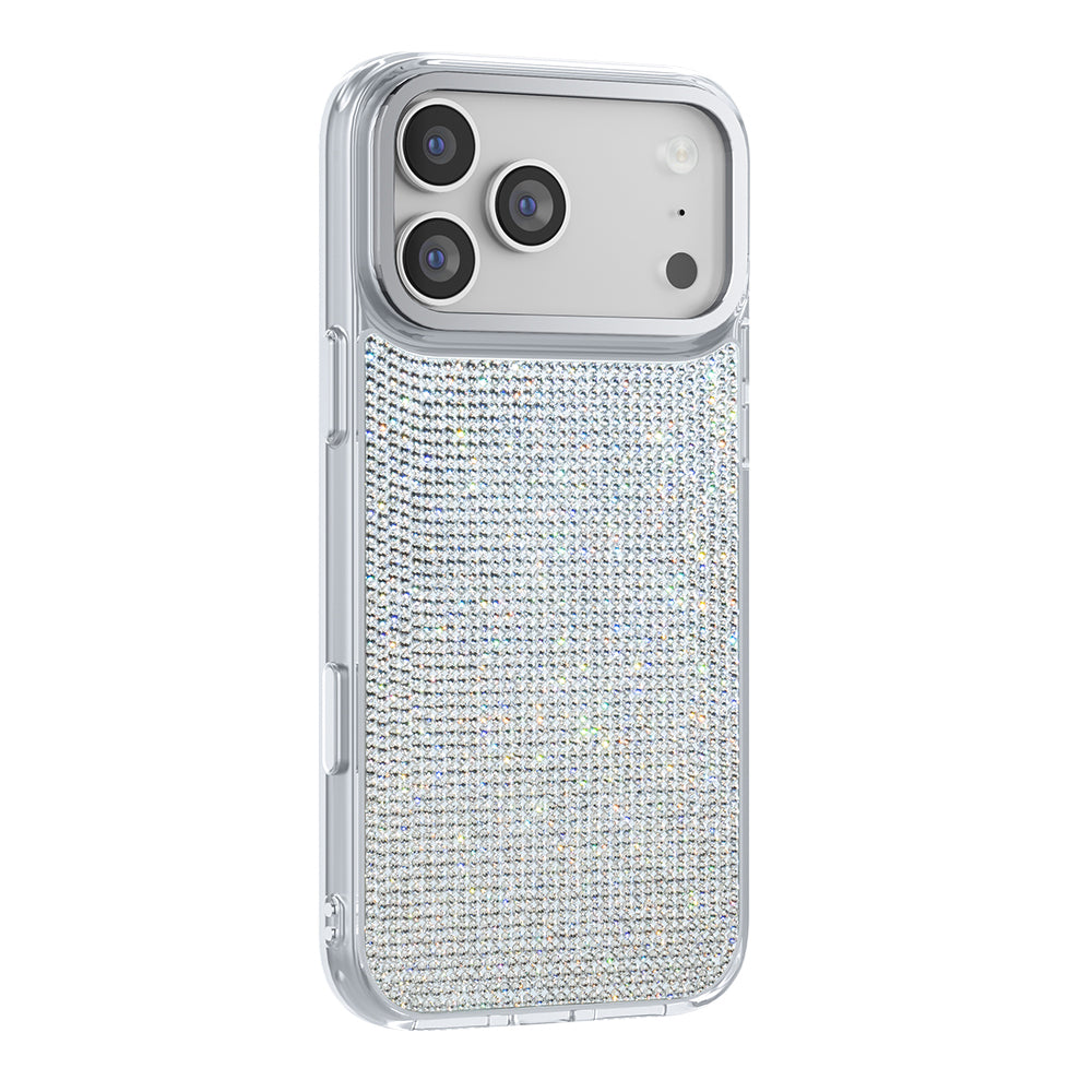 Apple iPhone 18 Pro Kılıf M-Safe Şarj Özellikli El İşlemeli Swarovski Taşlı Zore Paris Riva Sert PC Kapak Gümüş