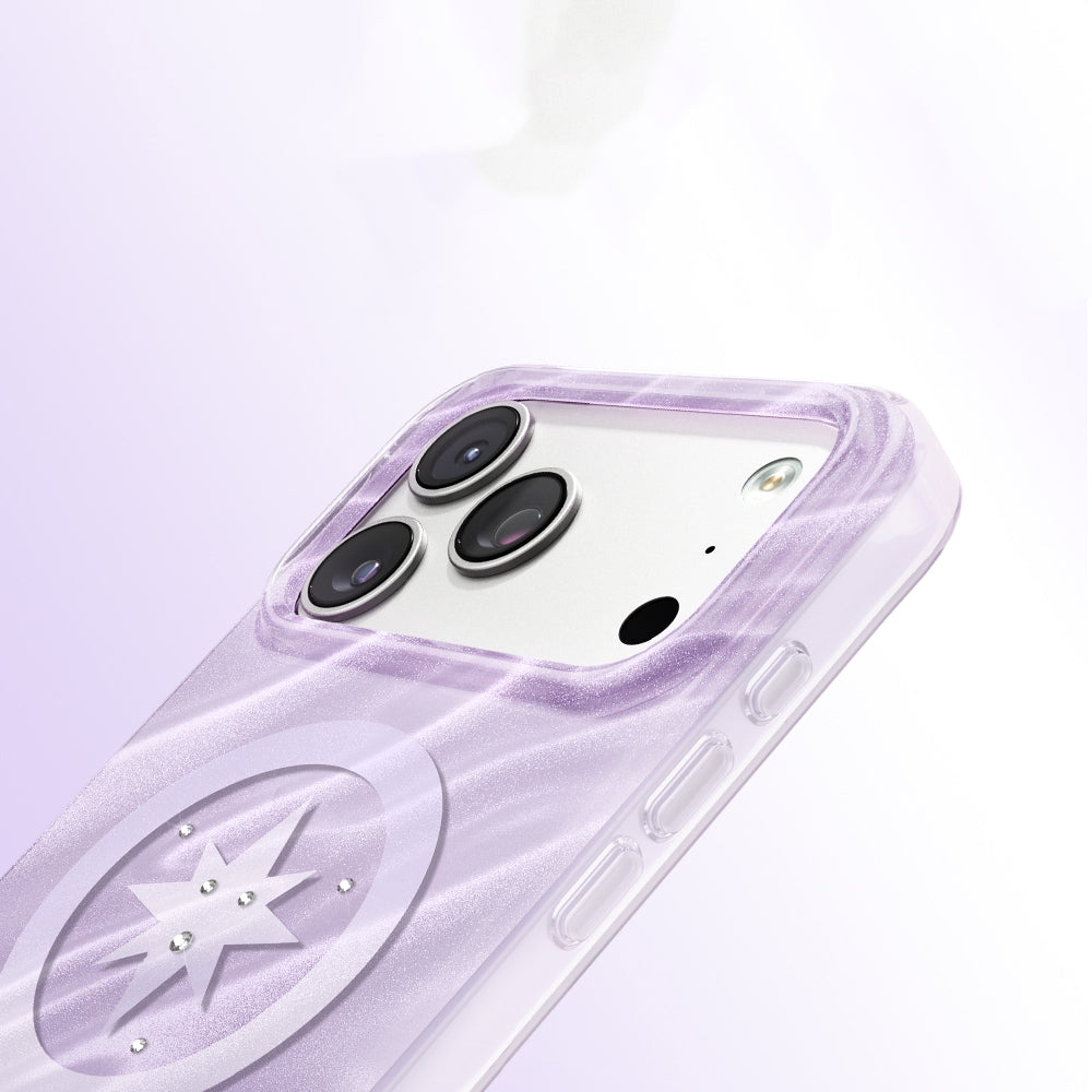 Apple iPhone 18 Pro Kılıf M-Safe Şarj Özellikli Orjinal Swarovski Taşlı Zore Paris Rovix Sert PC Kapak Açık Mor