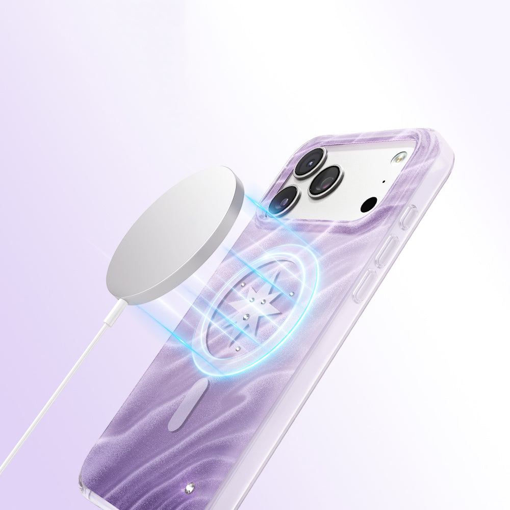 Apple iPhone 18 Pro Kılıf M-Safe Şarj Özellikli Orjinal Swarovski Taşlı Zore Paris Rovix Sert PC Kapak Açık Mor