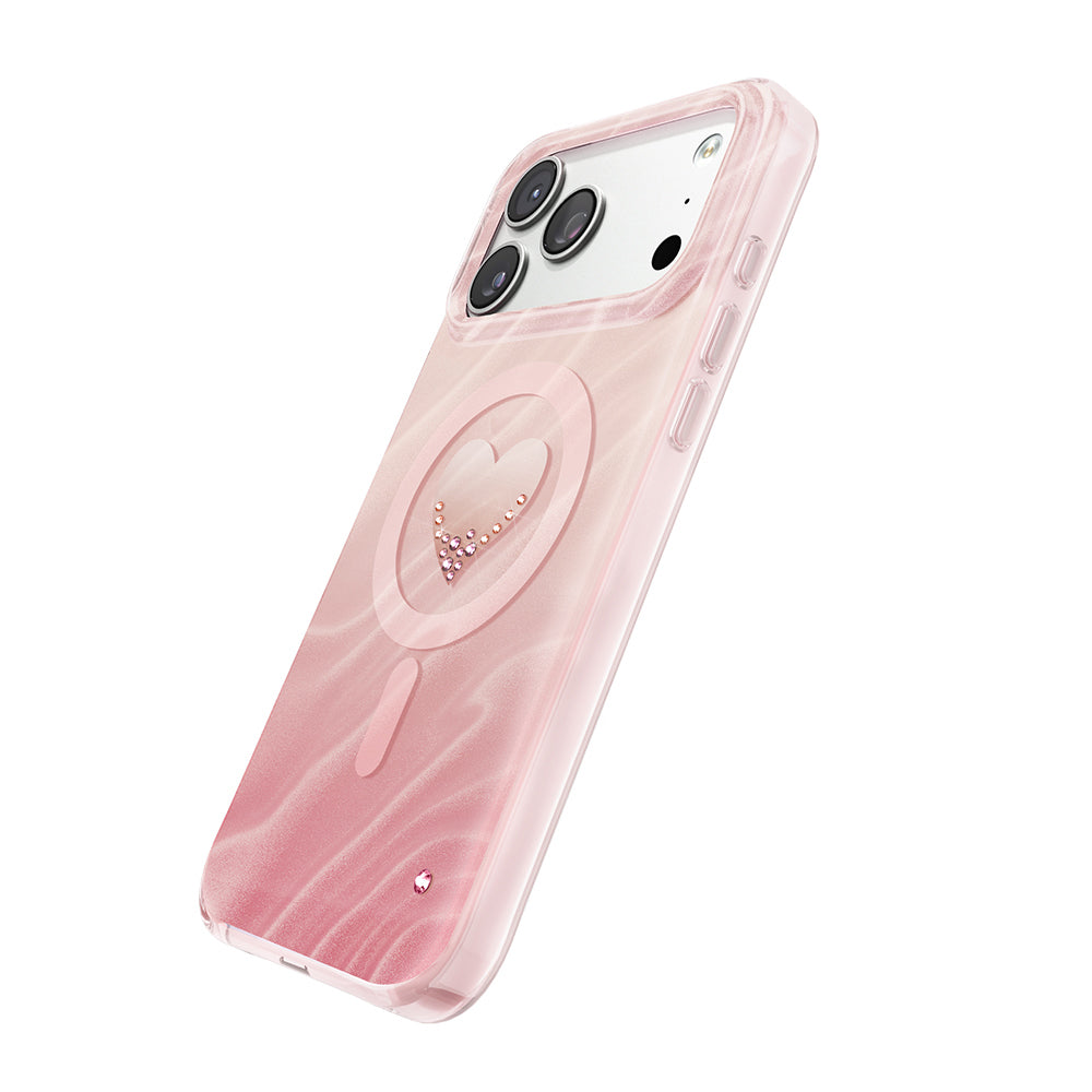 Apple iPhone 18 Pro Kılıf M-Safe Şarj Özellikli Orjinal Swarovski Taşlı Zore Paris Rovix Sert PC Kapak Pembe