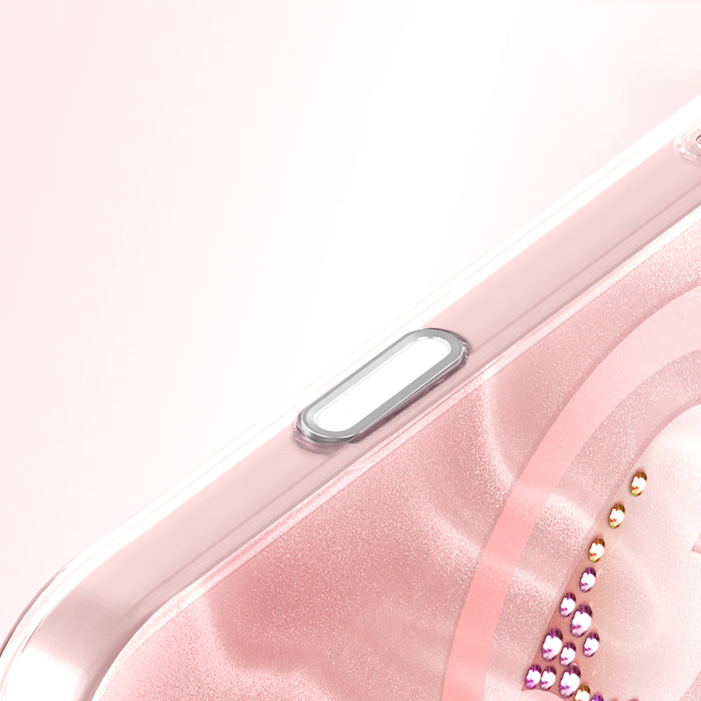 Apple iPhone 18 Pro Kılıf M-Safe Şarj Özellikli Orjinal Swarovski Taşlı Zore Paris Rovix Sert PC Kapak Pembe