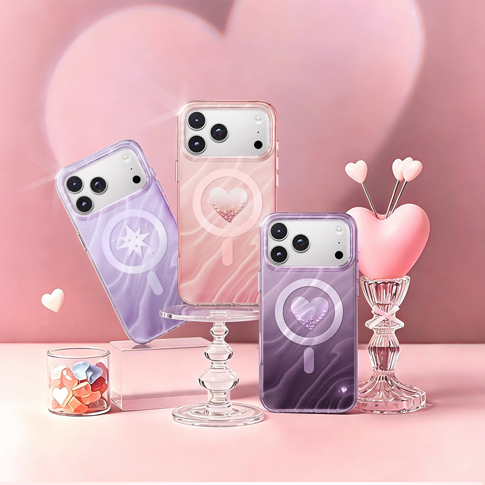 Apple iPhone 18 Pro Kılıf M-Safe Şarj Özellikli Orjinal Swarovski Taşlı Zore Paris Rovix Sert PC Kapak Pembe