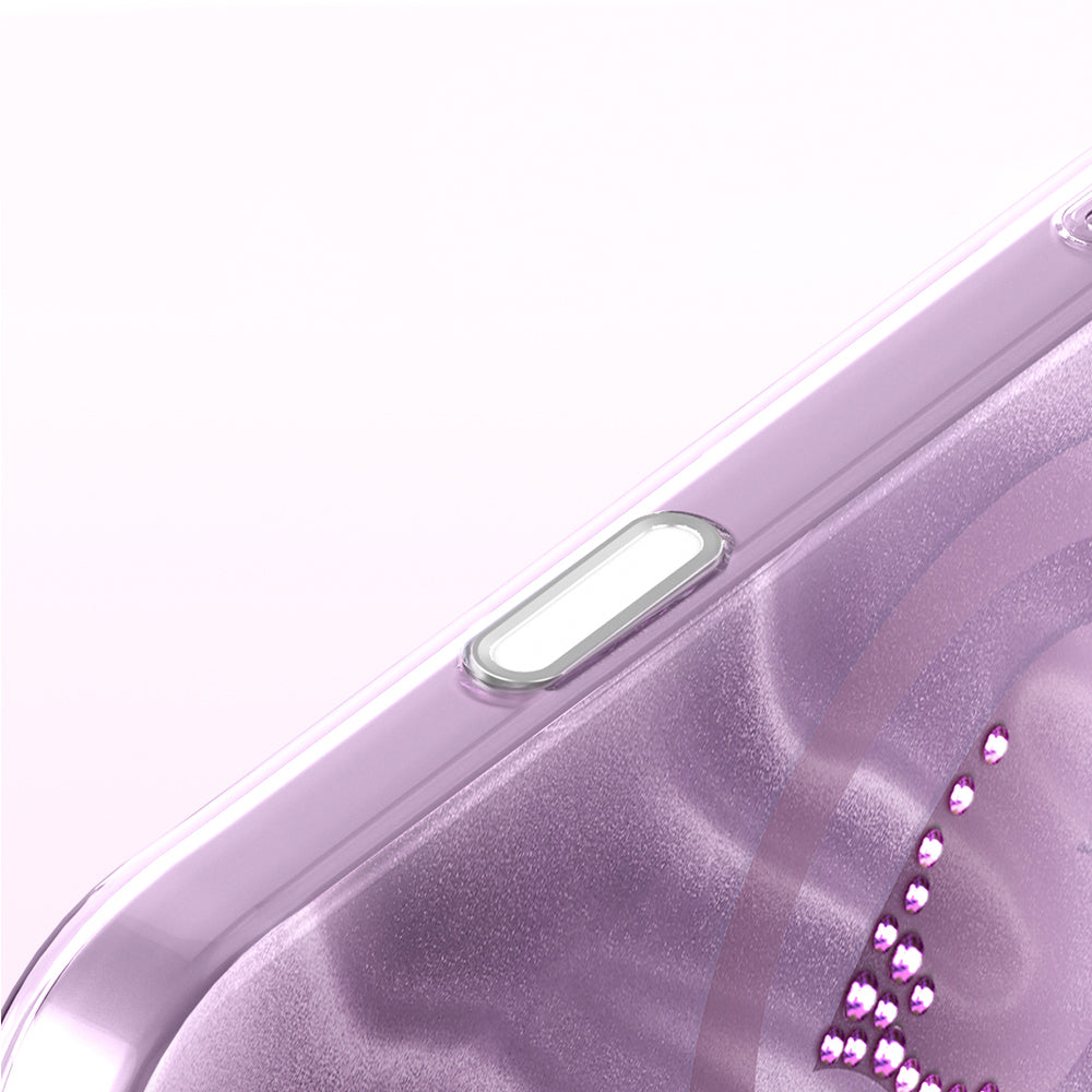 Apple iPhone 18 Pro Kılıf M-Safe Şarj Özellikli Orjinal Swarovski Taşlı Zore Paris Rovix Sert PC Kapak Mor