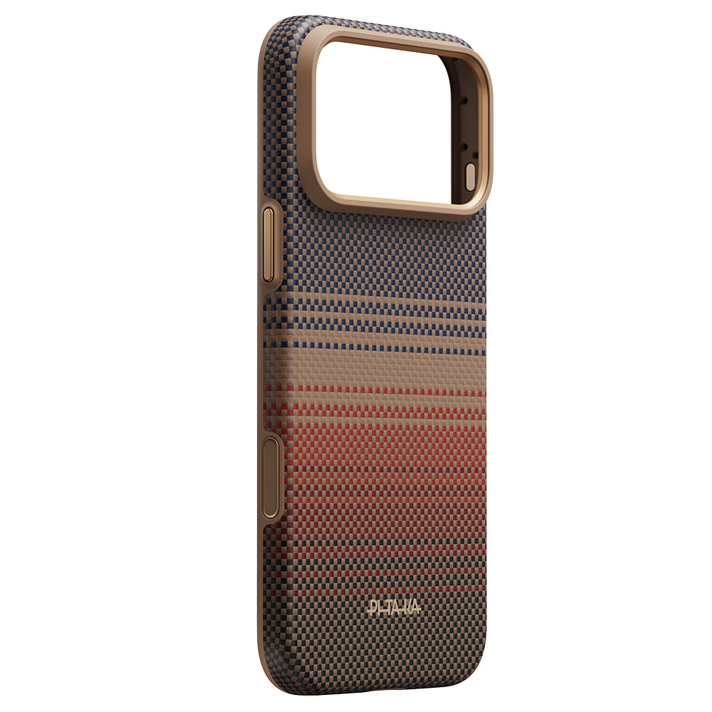 Apple iPhone 18 Pro Kılıf M-safe Şarj Özellikli Pitaka Tactile Woven Sunset-Moonrise Aramid Serisi Summa Kapak Kahverengi