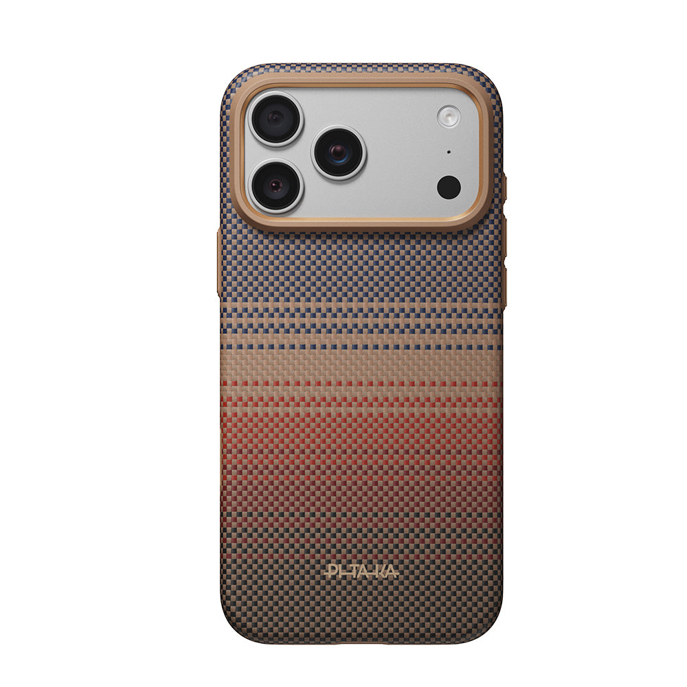 Apple iPhone 18 Pro Kılıf M-safe Şarj Özellikli Pitaka Tactile Woven Sunset-Moonrise Aramid Serisi Summa Kapak Kahverengi