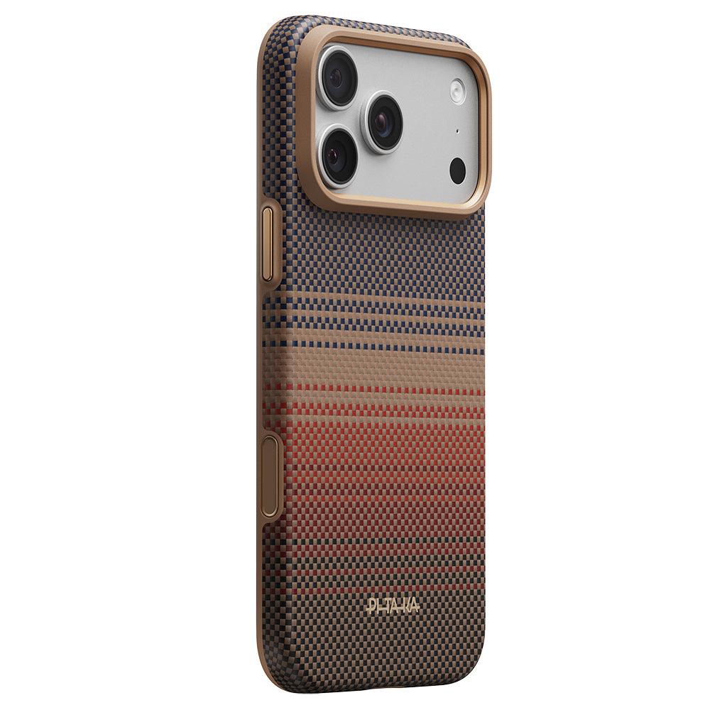 Apple iPhone 18 Pro Kılıf M-safe Şarj Özellikli Pitaka Tactile Woven Sunset-Moonrise Aramid Serisi Summa Kapak Kahverengi