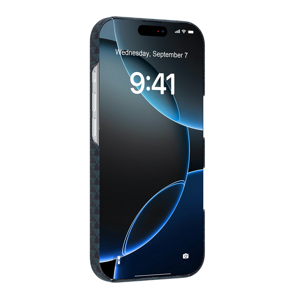 Apple iPhone 18 Pro Kılıf M-safe Şarj Özellikli Raptic Aramid Skin Origin Serisi Karbon Kapak Lacivert