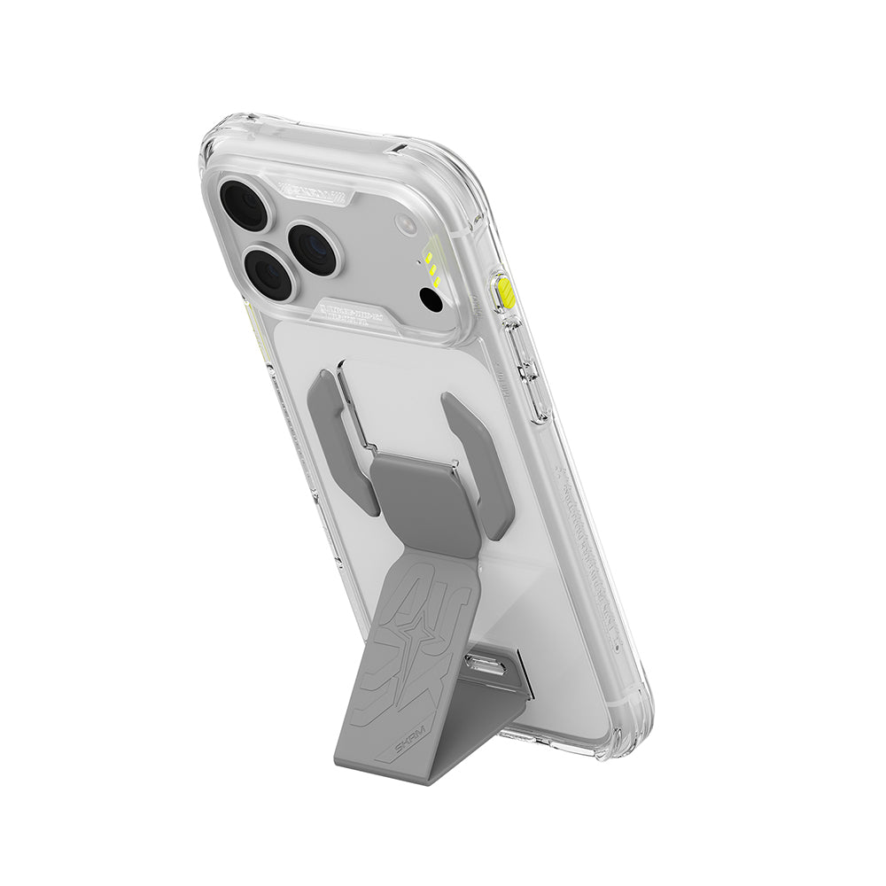 Apple iPhone 18 Pro Kılıf M-safe Şarj Özellikli Teknoloji Desenli Skinarma Helio CE Mag Charge Standlı Kapak Şeffaf
