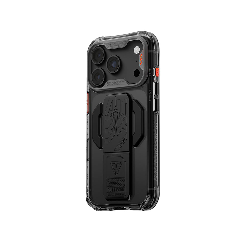 Apple iPhone 18 Pro Kılıf M-safe Şarj Özellikli Teknoloji Desenli Skinarma Helio CE Mag Charge Standlı Kapak Füme