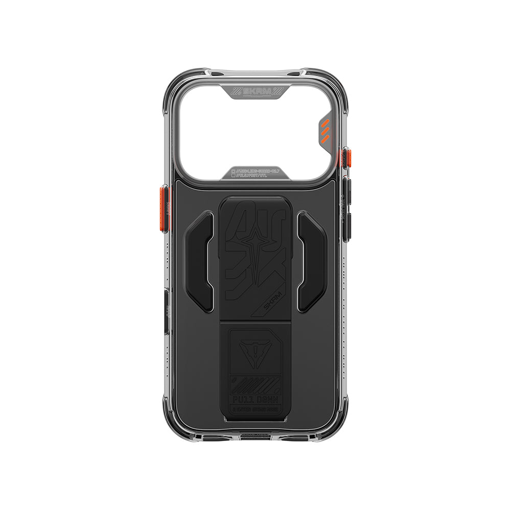 Apple iPhone 18 Pro Kılıf M-safe Şarj Özellikli Teknoloji Desenli Skinarma Helio CE Mag Charge Standlı Kapak Füme