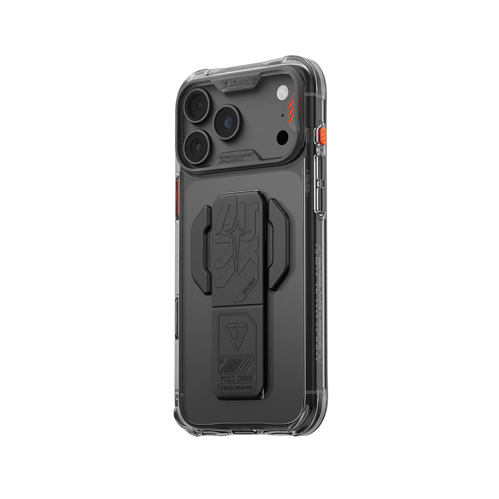 Apple iPhone 18 Pro Kılıf M-safe Şarj Özellikli Teknoloji Desenli Skinarma Helio CE Mag Charge Standlı Kapak Füme