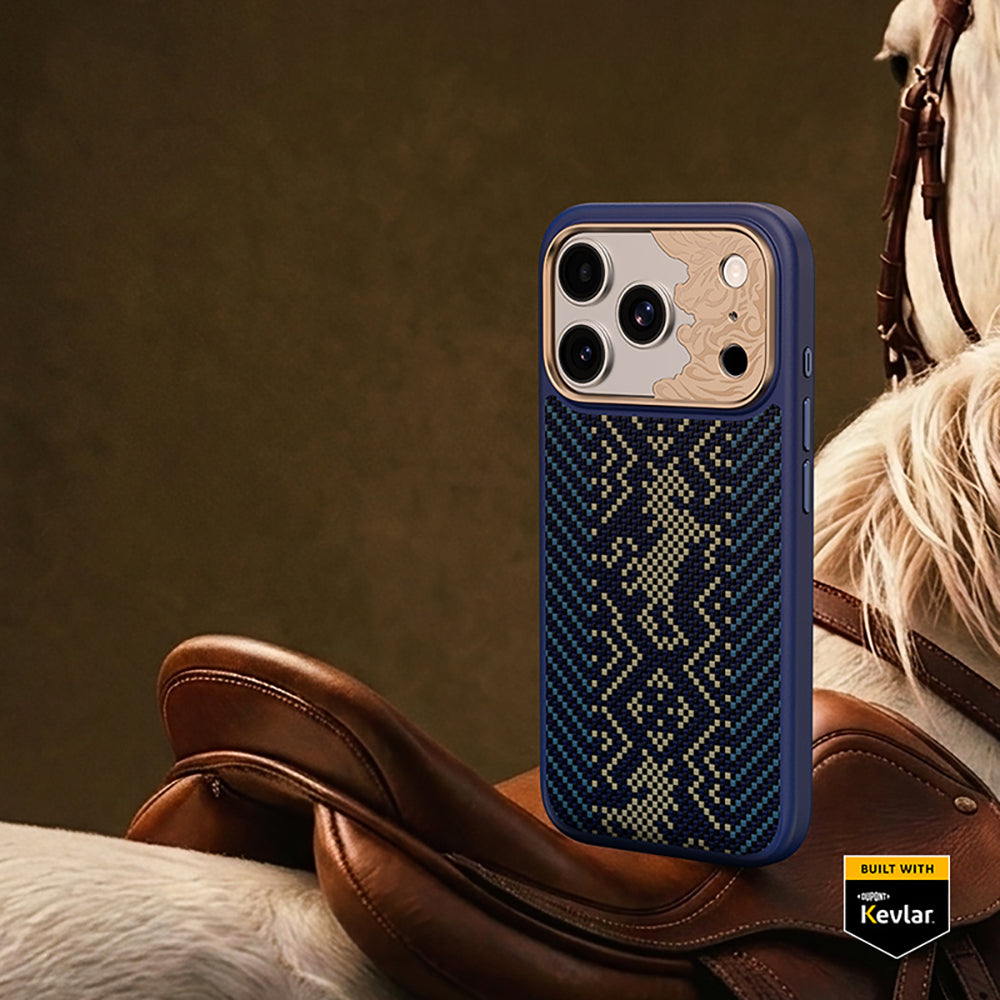 Apple iPhone 18 Pro Kılıf M-safe Şarj Özellikli Yükseltilmiş Kamera Çerçeveli Karbon Fiber Tasarımlı Benks Knight ArmorPro Kevlar Kapak Lacivert