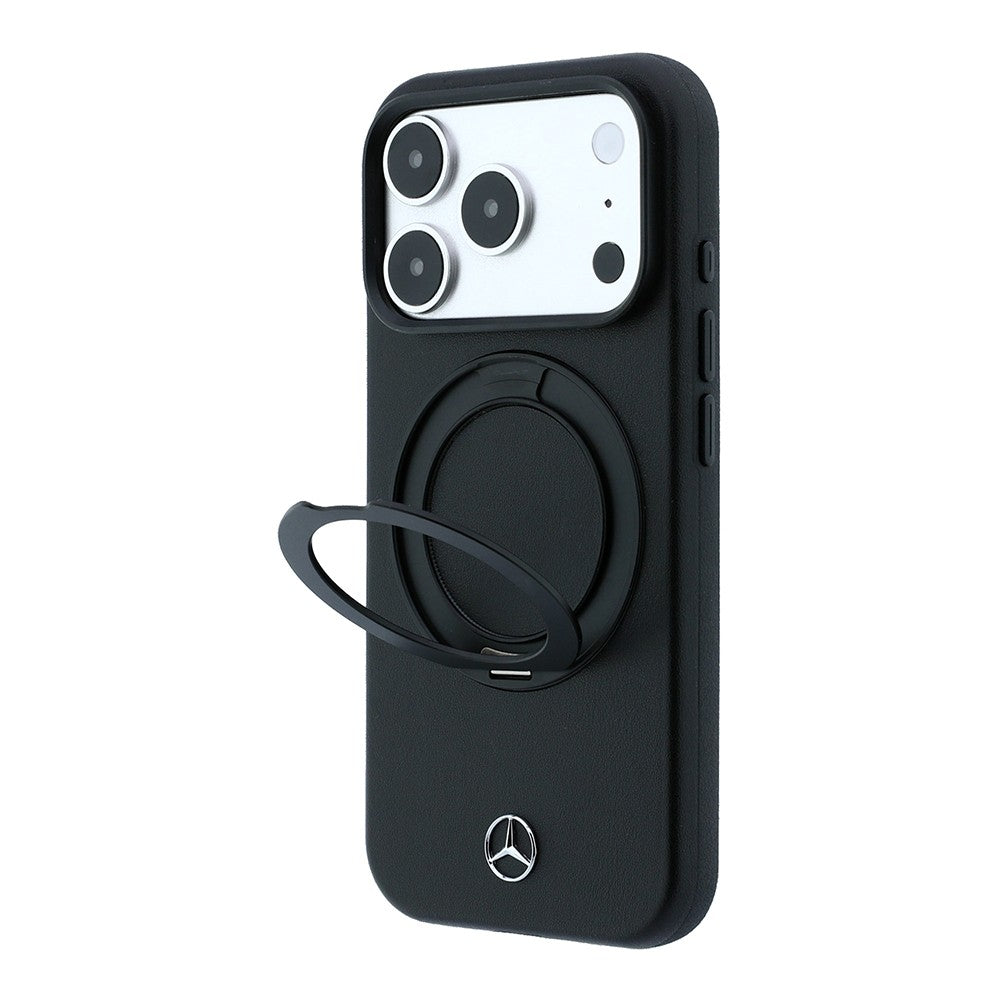 Apple iPhone 18 Pro Kılıf Mercedes Benz Orjinal Lisanslı M-safe Şarj Özellikli 360 Derece Dönebilen Standlı Metal Logolu PU Kapak Siyah