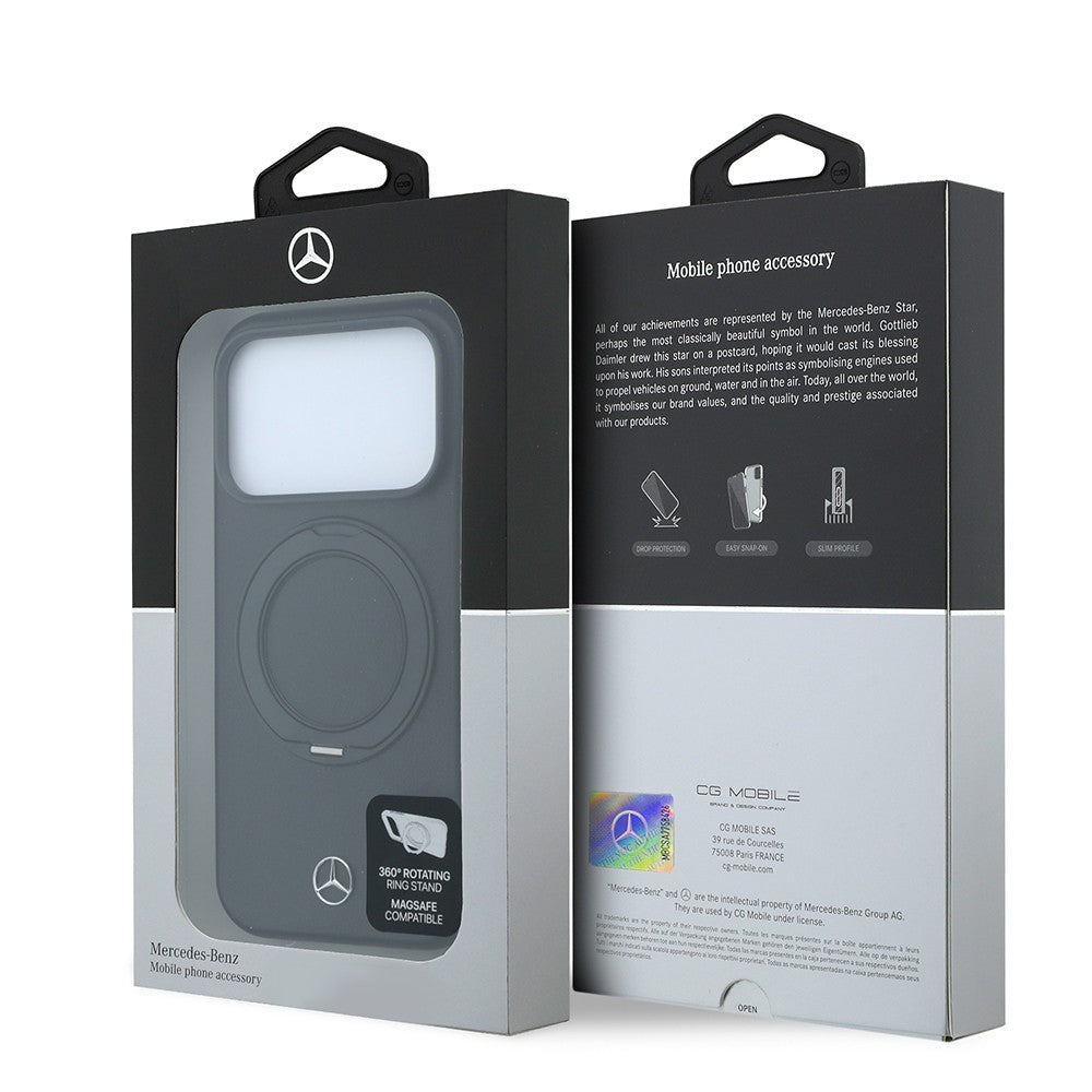Apple iPhone 18 Pro Kılıf Mercedes Benz Orjinal Lisanslı M-safe Şarj Özellikli 360 Derece Dönebilen Standlı Metal Logolu PU Kapak Siyah