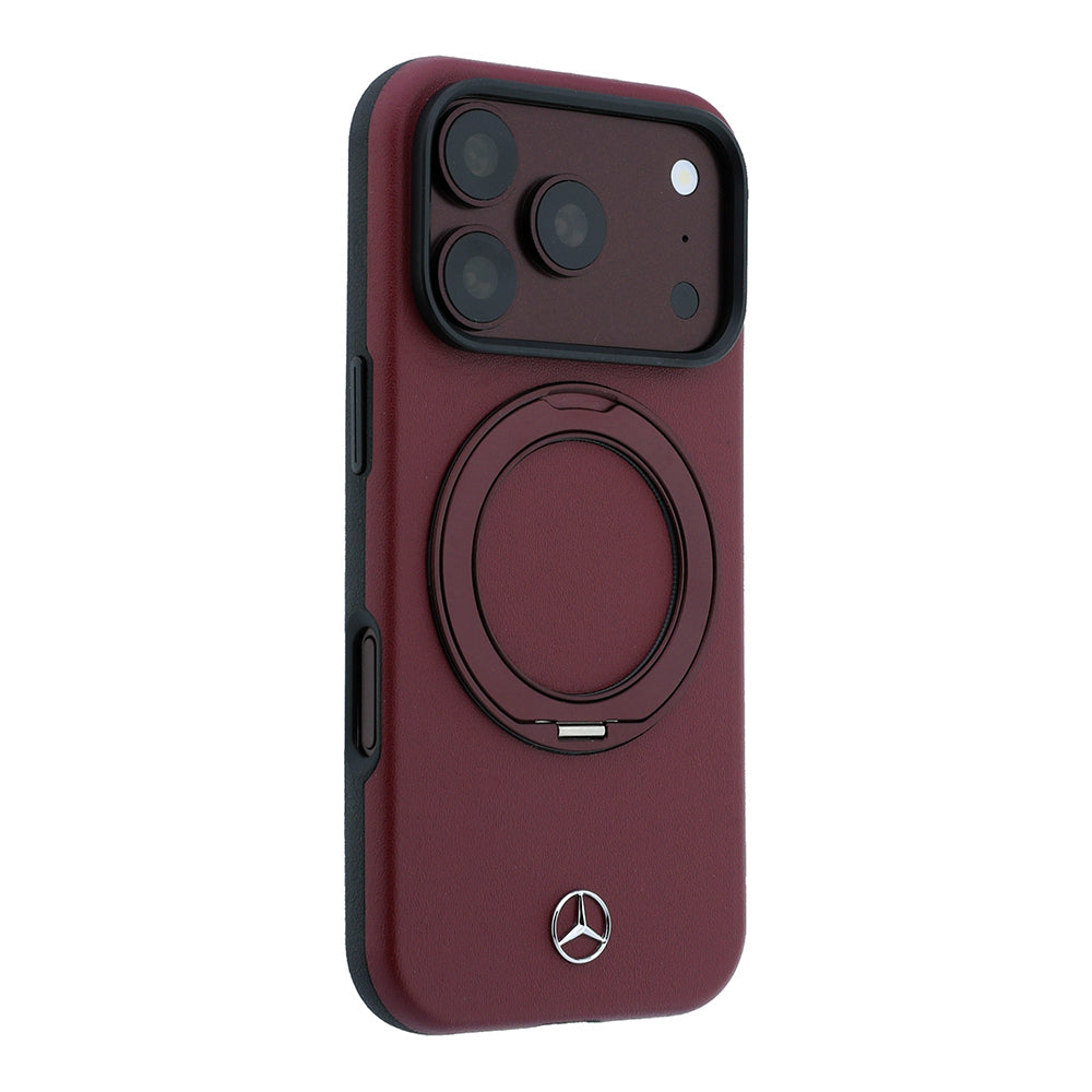 Apple iPhone 18 Pro Kılıf Mercedes Benz Orjinal Lisanslı M-safe Şarj Özellikli 360 Derece Dönebilen Standlı PU Metal Logolu Kapak Bordo