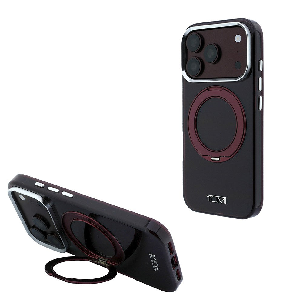 Apple iPhone 18 Pro Kılıf TUMI Orjinal Lisanslı M-safe Şarj Özellikli 360 Derece Dönebilen Standlı Transparan Kapak Bordo